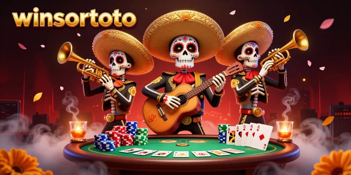 Memenangkan tawaran di winsortoto dengan kartun skeleton mariachi dan elemen perjudian yang berkilauan.