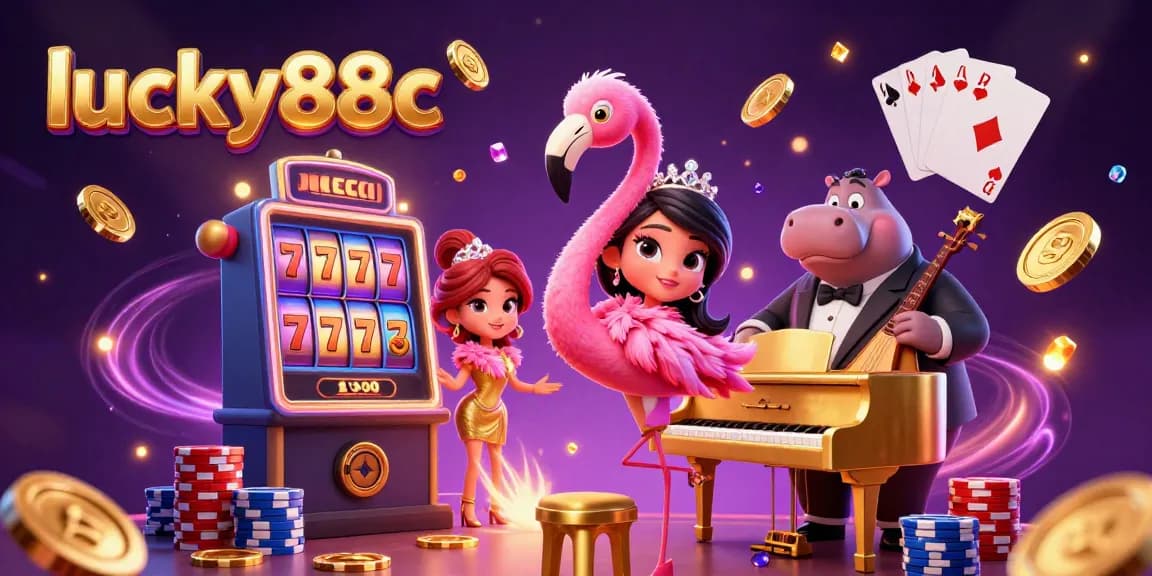 Engage with lucky88c's vibrant casino scene featuring a flamingo lounge singer and slot machines.