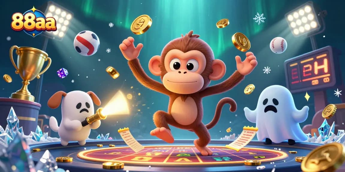 Engage with 88aa's lively gaming scene as a playful monkey juggles golden casino treasures in a haunted atmosphere.