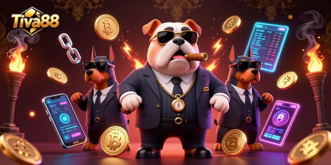 Tiva88 showcases a vibrant 3D casino illustration with a mafia boss and Doberman bodyguards surrounded by gambling elements.