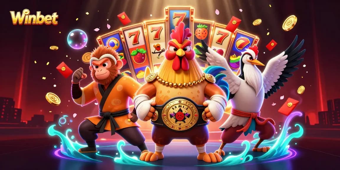 Winbet showcases an energetic casino scene with vibrant slot reels and colorful characters.