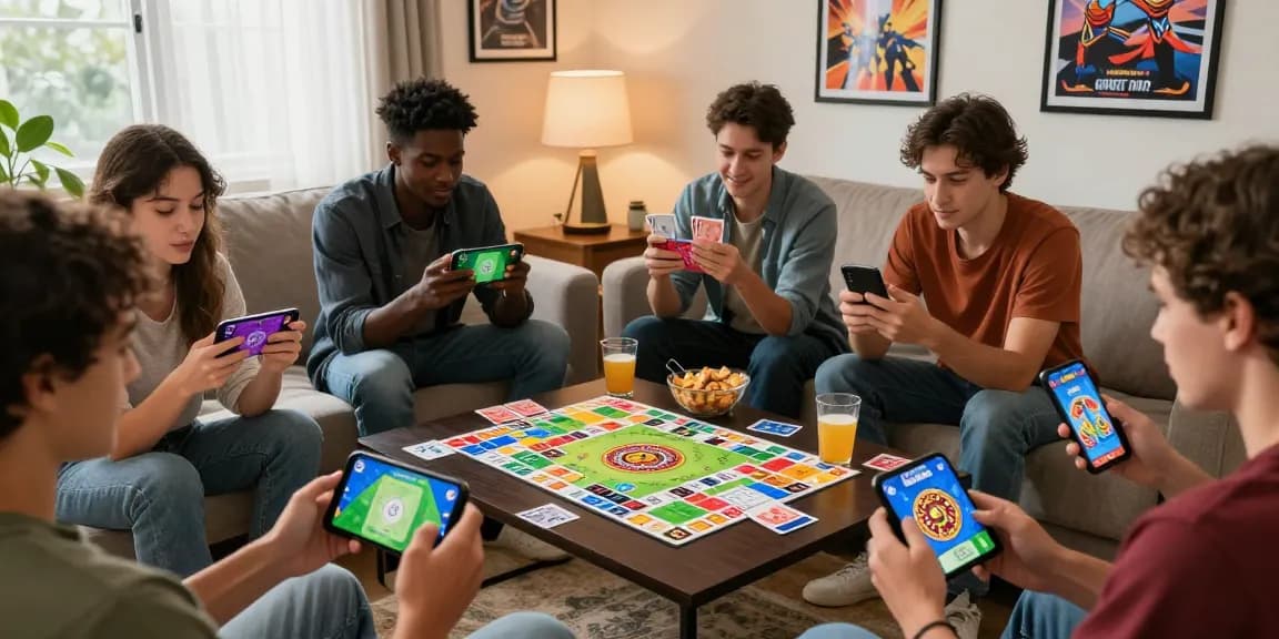 Download Card Rummy APK to enjoy vibrant card games with friends in a cozy living room setting.