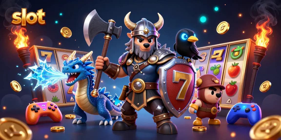 Slot gacor yang mempesona dengan simbol keberuntungan dan jackpot mengelilingi karakter 3D yang menarik.