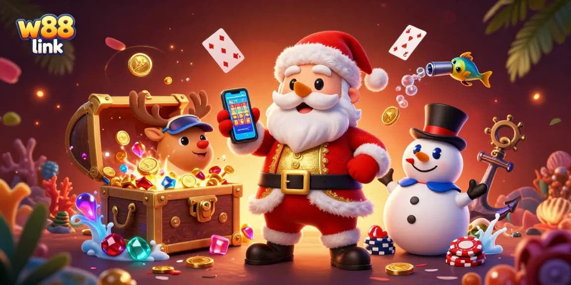 Win big with the w88 link, showcased by Santa Claus in a vibrant casino scene.