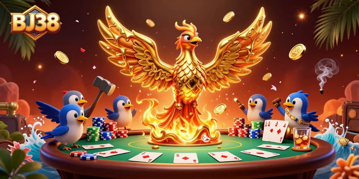 Experience thrilling gameplay at BJ38 with our vibrant casino scene featuring a molten phoenix and poker elements.