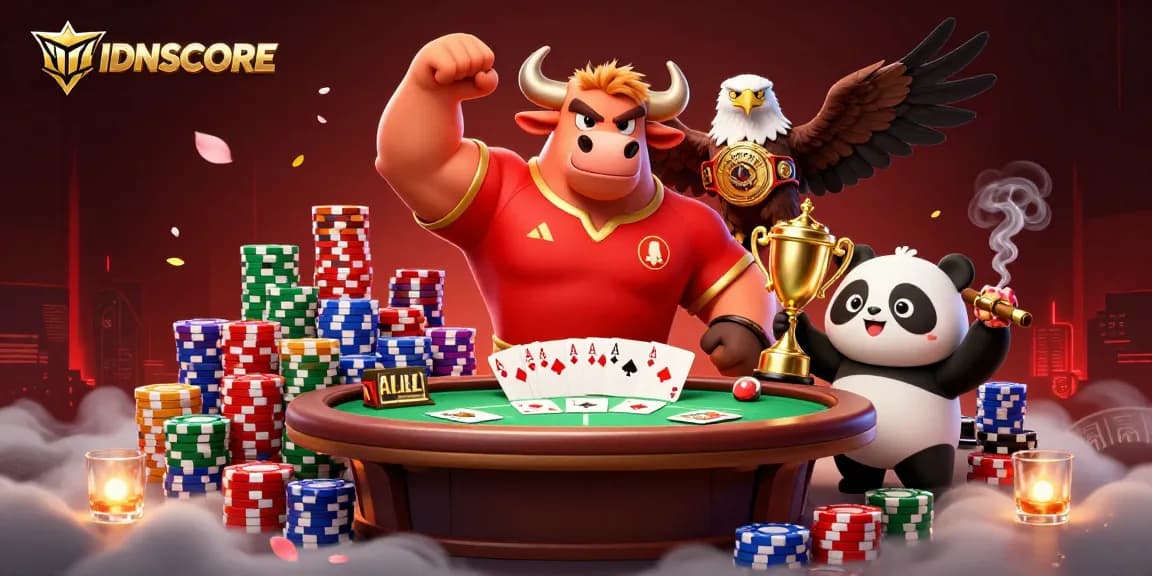 IDNSCORE platform offers exciting poker gameplay with a victory pose and lively characters.