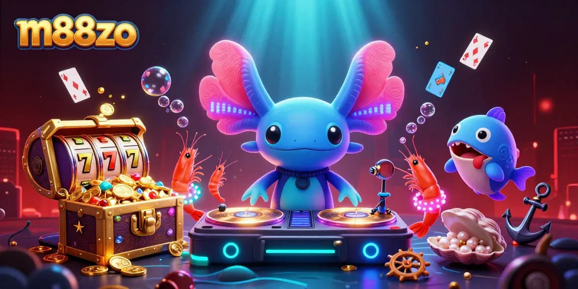 Experience vibrant underwater entertainment at m88zo with a whimsical axolotl DJ and glowing casino elements.