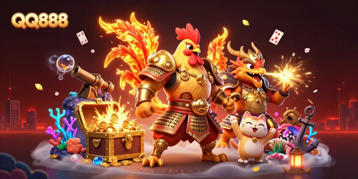 Win exciting rewards with QQ888 in this vibrant 3D illustration featuring a fierce rooster warrior and dragon hatchling.