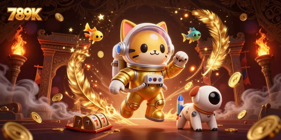 Engage with exciting games at 789K, featuring a vibrant illustration of a space cat and robotic dog in a bustling casino.
