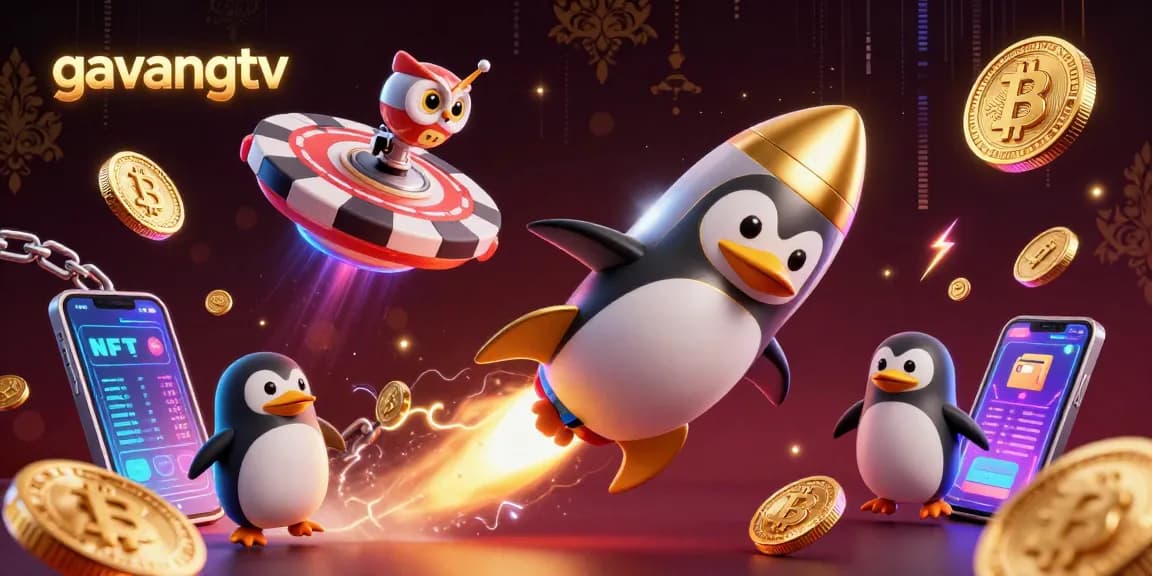 Experience gaming excitement with gavangtv's vibrant rocket penguin in a colorful casino-themed space
