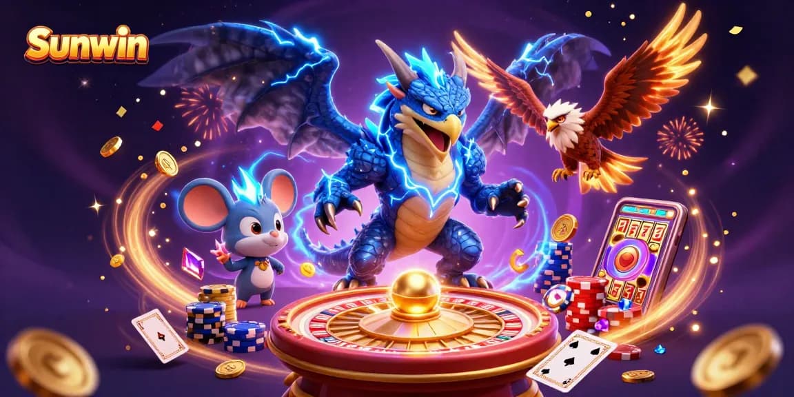 Experience thrilling gameplay at Sunwin with a vibrant scene of animated characters amidst sparkling casino treasures.