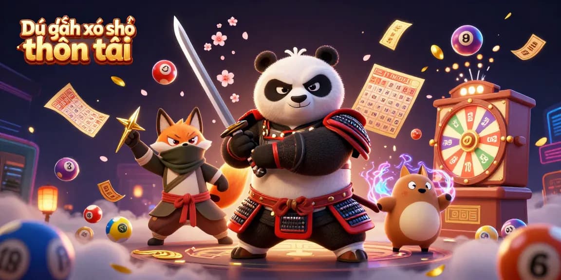 Dự đoán xổ số thần tài showcases a samurai panda, ninja fox, and magical tanuki amidst a vibrant lottery-themed backdrop.