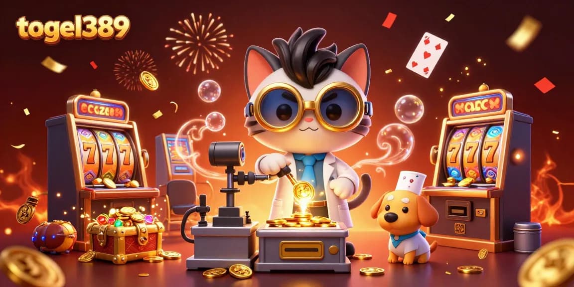 Play slots and win with togel389 in this vibrant casino-themed illustration featuring fun characters and rich details.