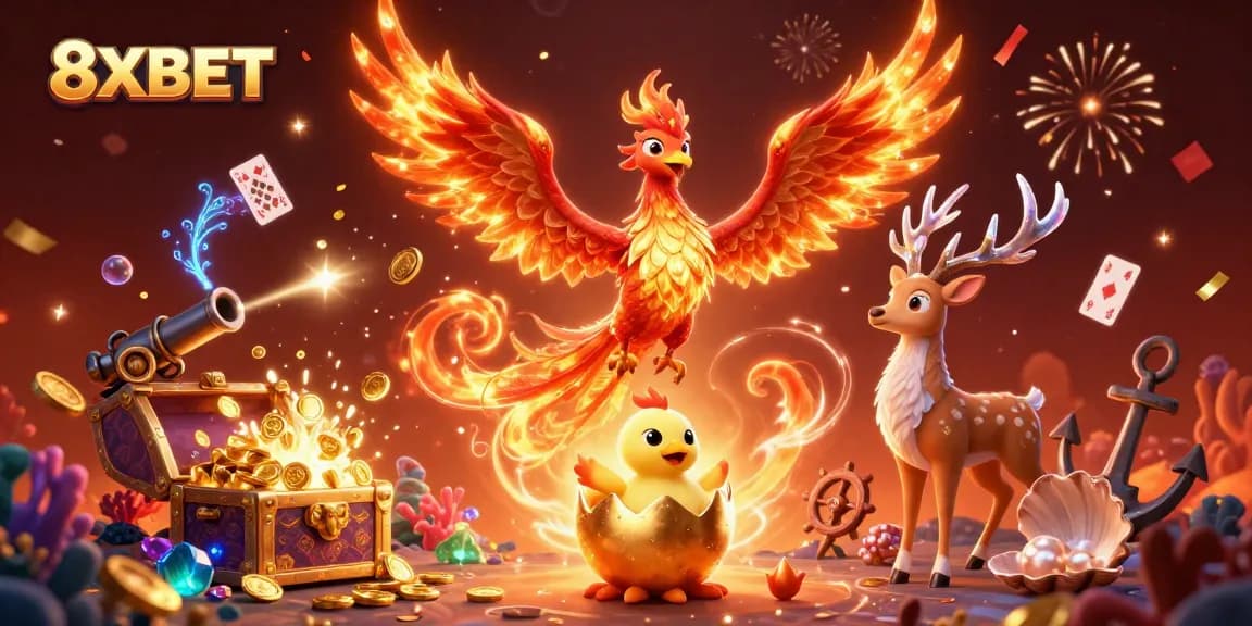 Win big with 8XBET in a vibrant gaming scene featuring a majestic phoenix and treasures.