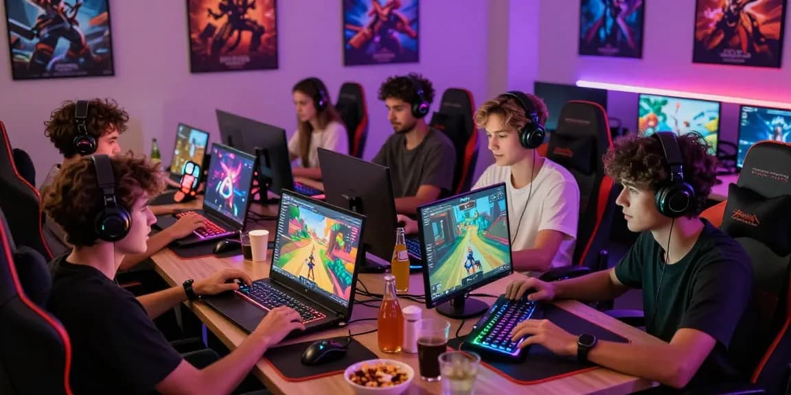 Interactive gaming group playing on mposport platform with laptops and snacks.