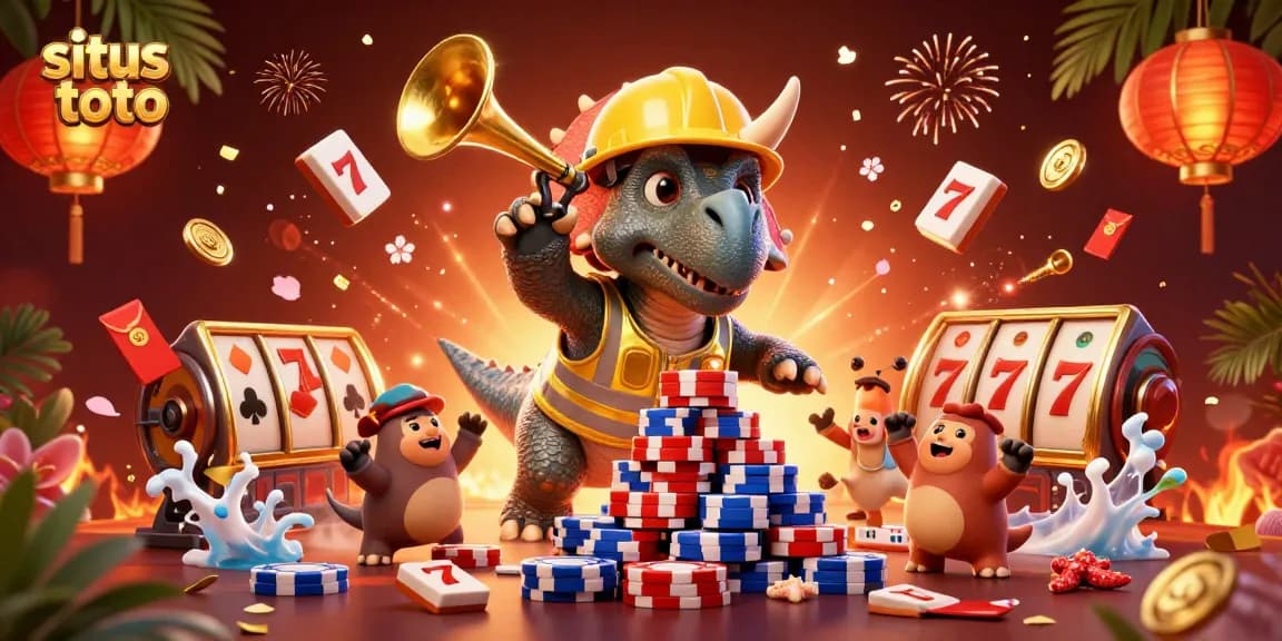 Celebrate gaming excitement with situs toto, where triceratops and friends build poker chip pyramids.