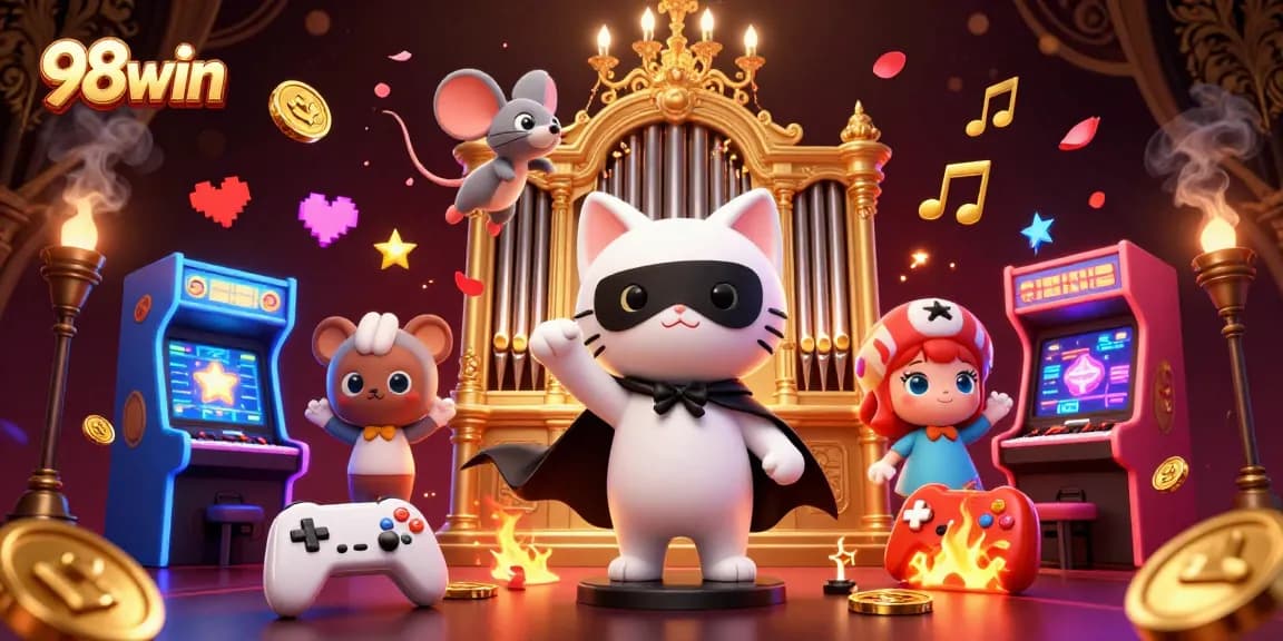 Win big with 98win at a vibrant casino scene filled with colorful game machines and characters.