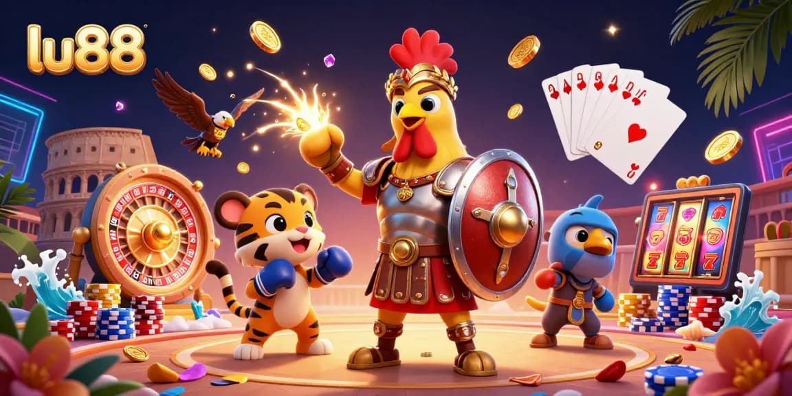 Experience thrilling wins at lu88 with a dynamic 3D illustration showcasing casino elements.