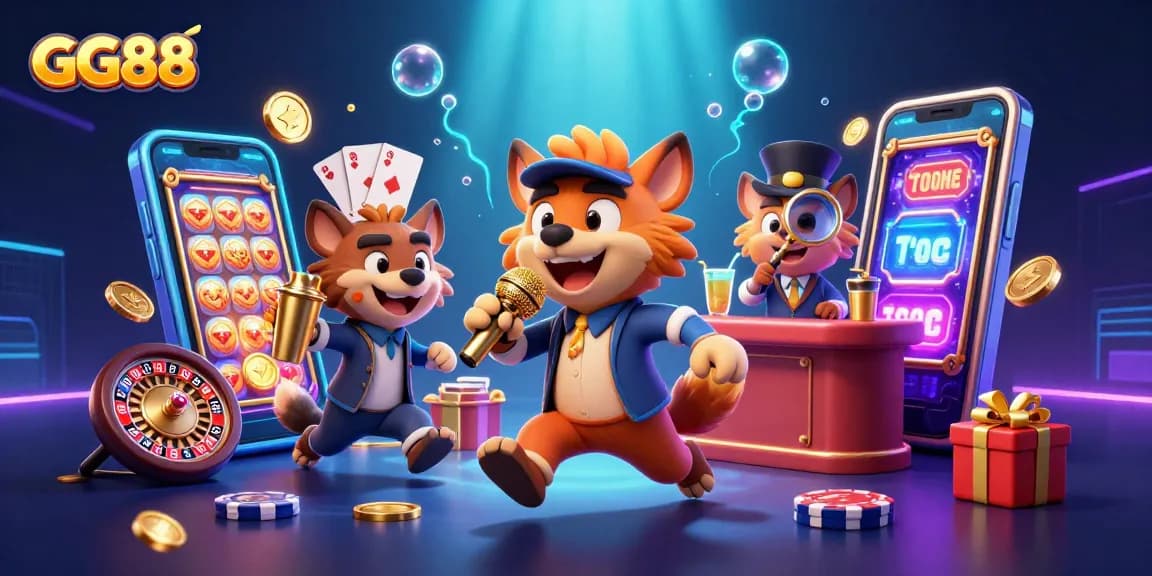 GG88 hyena characters entertain in a vibrant casino scene filled with games and laughter.