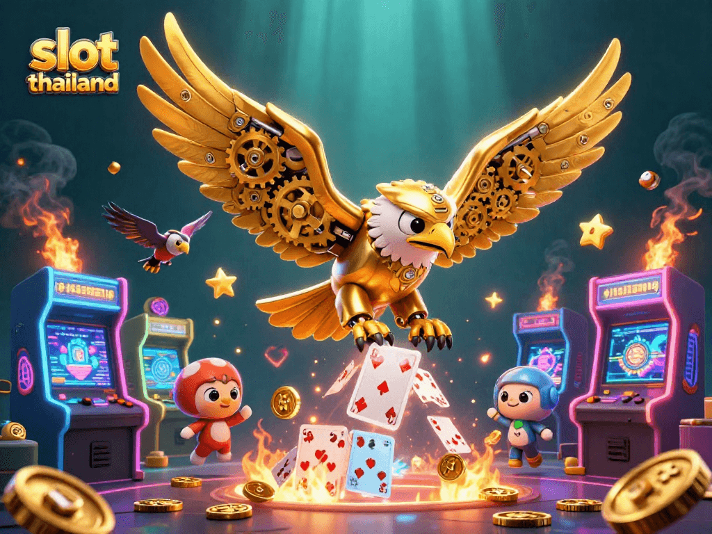 Experience slot thailand with a dynamic scene of a golden eagle and arcade games, diving to win big.