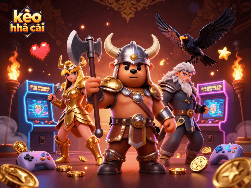 Engage with kèo nhà cái through an exciting Viking and Valkyrie gaming scene enhanced by colorful casino elements.