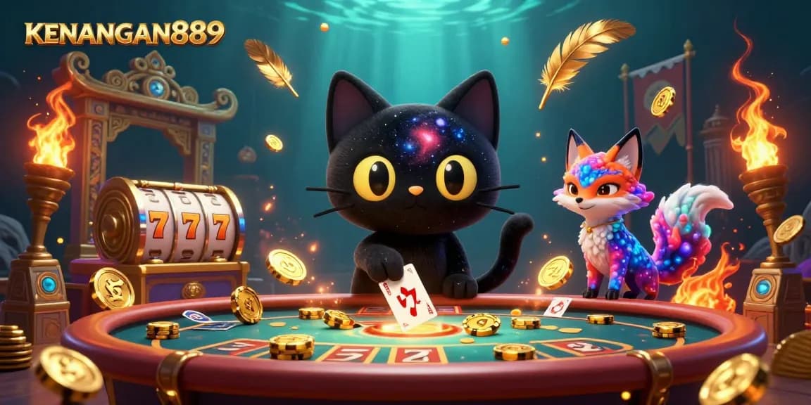 Experience KENANGAN889 slots with a cosmic casino scene featuring a black hole cat and a colorful nebula fox.