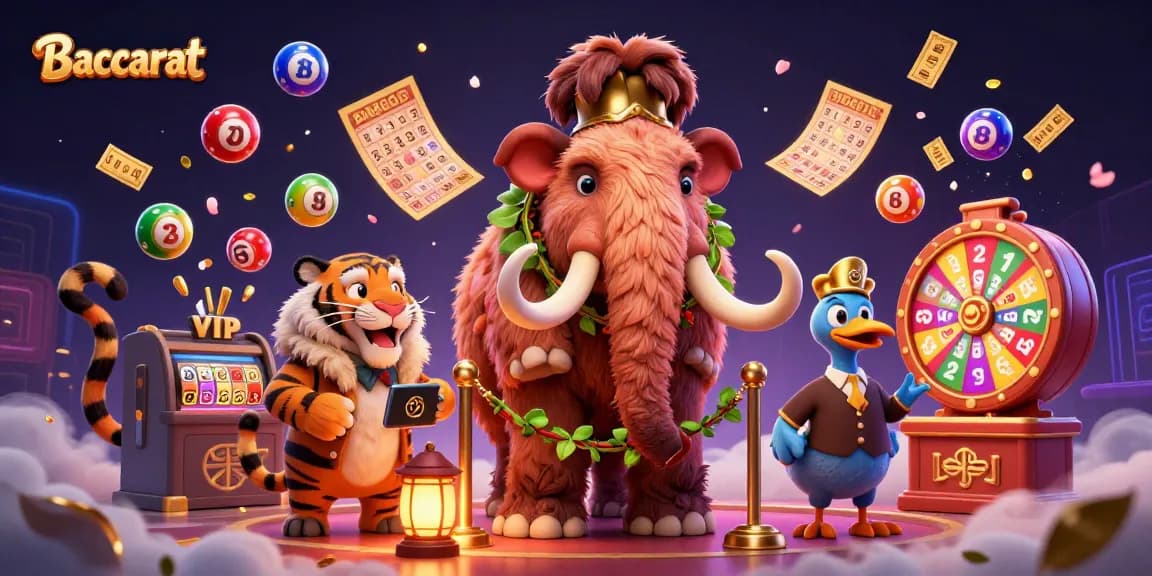 Baccarat scene with a woolly mammoth bouncer, saber-tooth tiger VIP, and dynamic lottery elements.