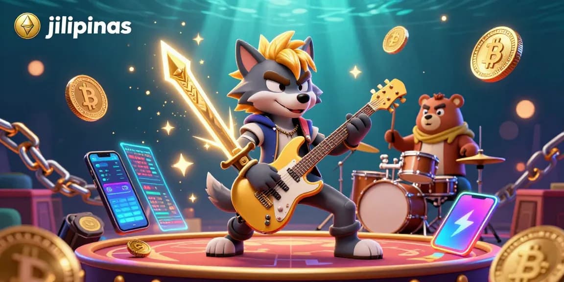 Experience the thrill with Jilipinas in this electrifying 3D casino illustration, featuring animated characters and crypto elements.