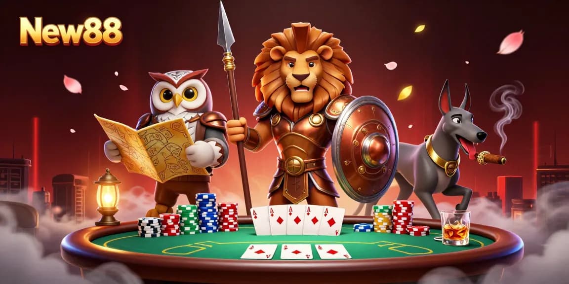 Play winning strategies at New88 with this vibrant casino scene featuring poker elements.
