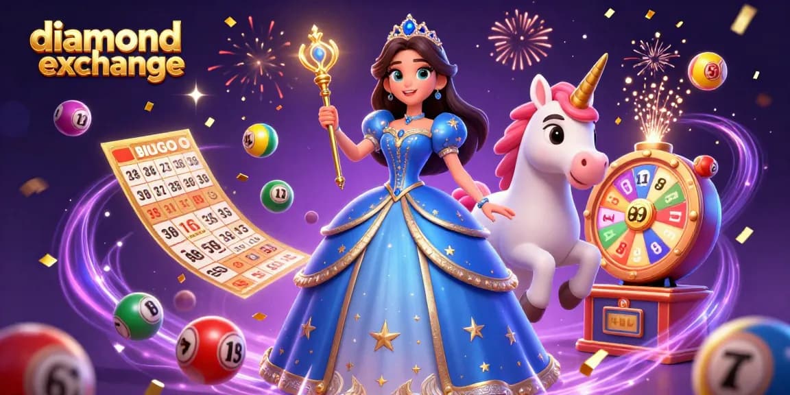 Bet on the diamond exchange with vibrant lottery elements and enchanting characters celebrating a win.