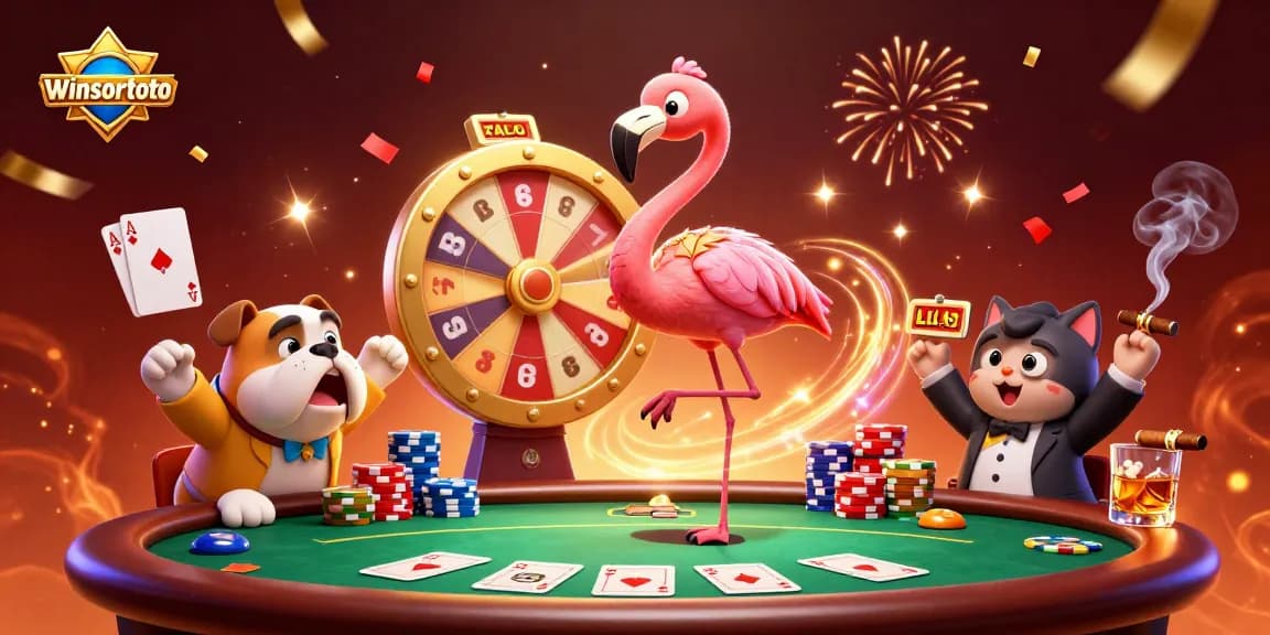 Spin to win with winsortoto at this vibrant casino game show scene featuring lively characters.