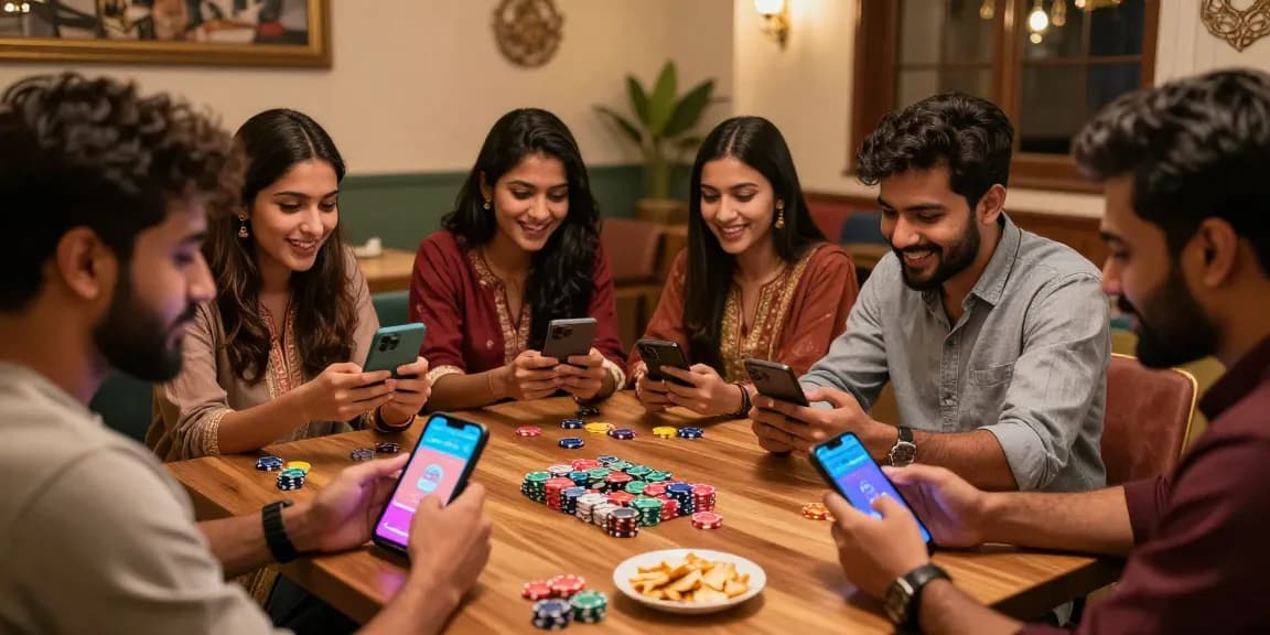 Play now in a vibrant gaming lounge with friends enjoying 3 Patti Vegas on smartphones.