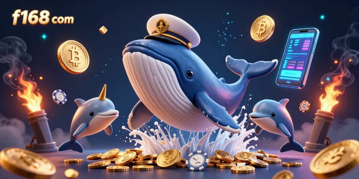 Immerse in the dynamic world of f168 com as a cartoon whale and narwhal celebrate among glowing coins and crypto icons.