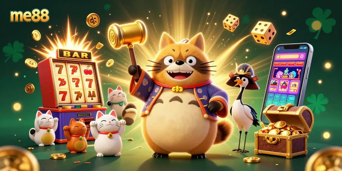 Experience the thrill of winning at me88, with 3D cartoon characters celebrating casino games and jackpots.