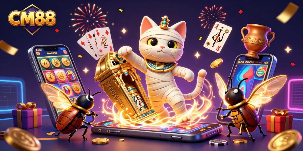 Join the fun at CM88 with a vibrant scene featuring a mummy cat and engaging casino elements.
