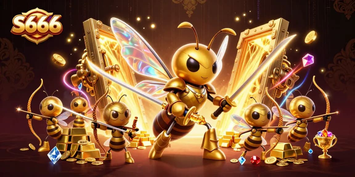 S666 players engage with thrilling casino adventures amidst a treasure-laden scene filled with excitement.