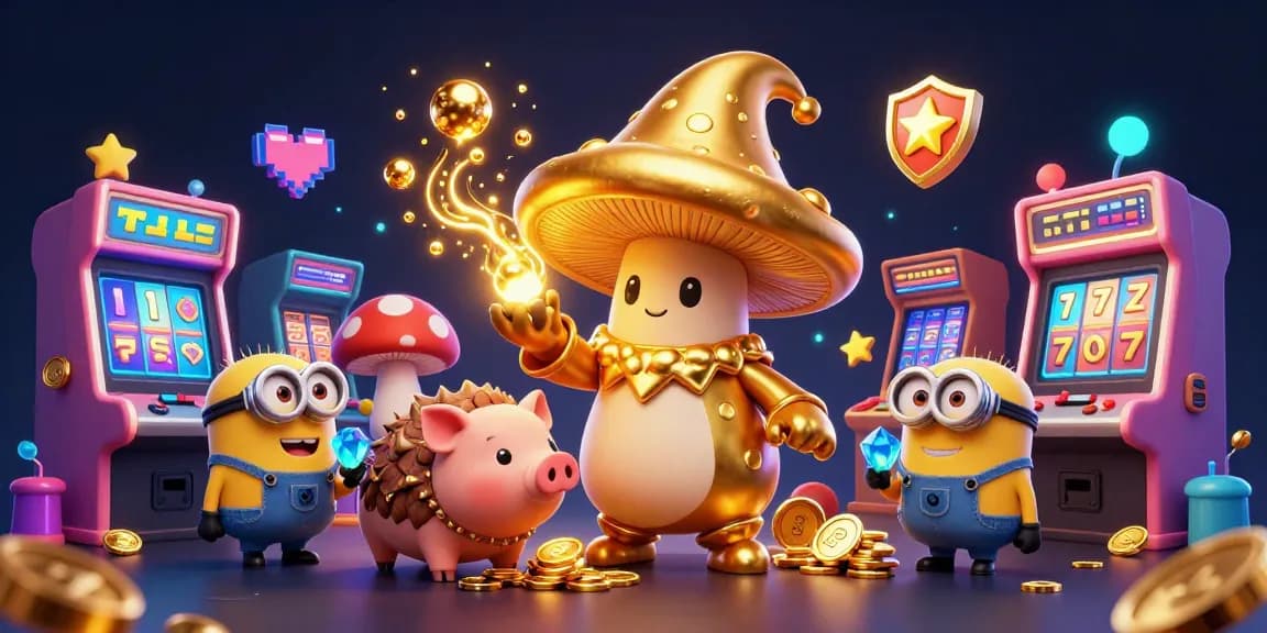 Win big with UGDEWA at the magical gaming scene featuring golden treasures and slot machines.