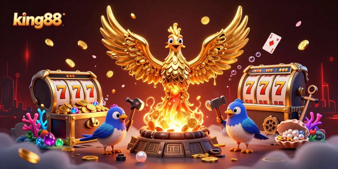 Experience thrilling gaming at king88 with a golden phoenix amidst riches and vibrant casino symbols.