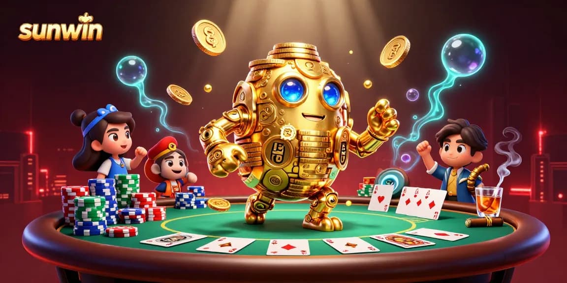 Sunwin presents a vibrant casino scene with a golden golem and poker elements, showcasing thrilling gameplay.
