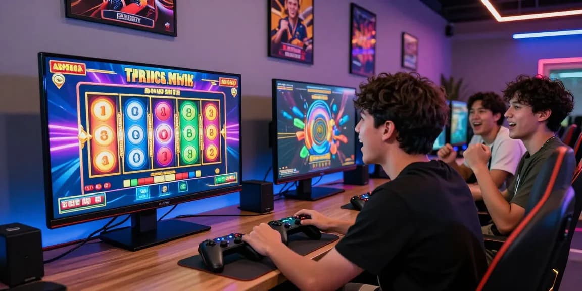 Pengalaman bermain slot jackpot di ruang permainan modern dengan pemain antusias.