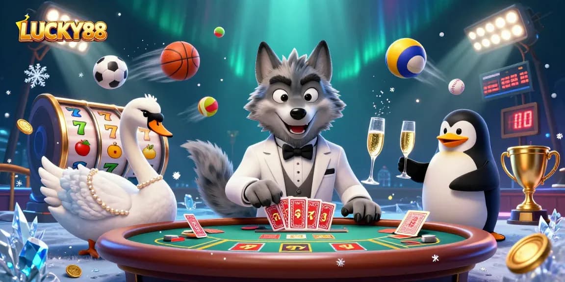 Engage with LUCKY88 as cartoon characters illustrate the thrill of baccarat and slot games.