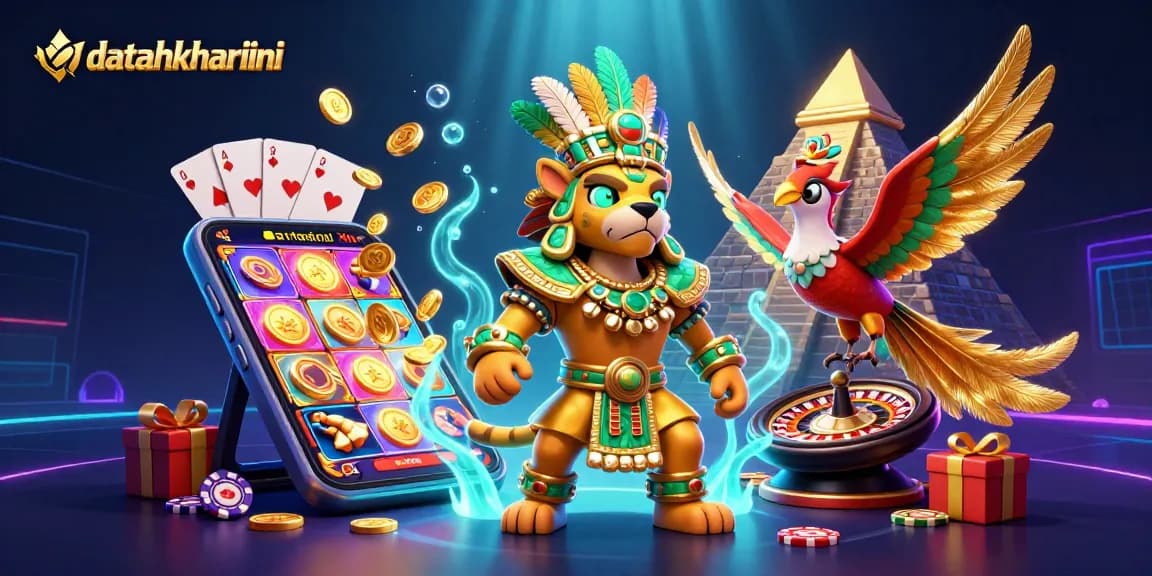 Permainan slot menarik datahkhariini dengan karakter jaguar dan burung quetzal yang dikelilingi elemen kasino