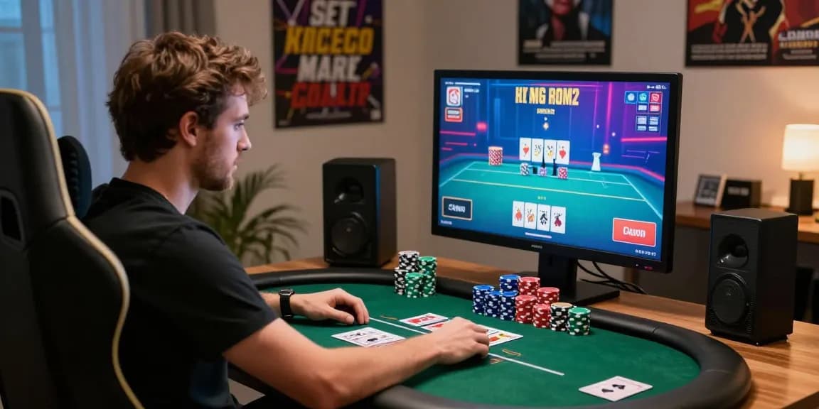 Engaging home poker gaming setup showcasing Alternatif Link Nagapoker with chips and cards on screen.
