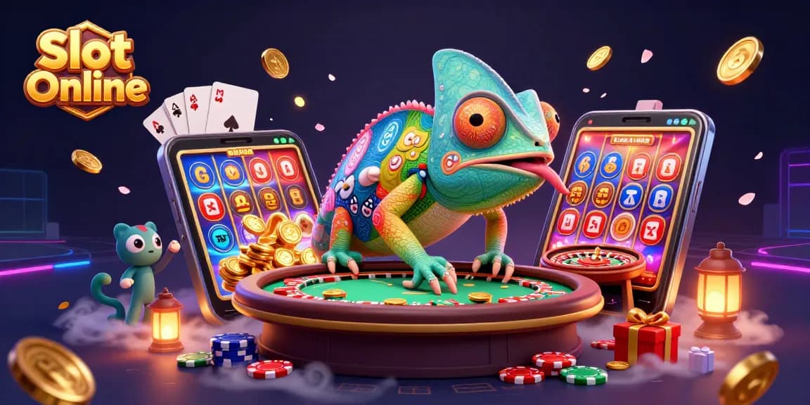 Experience thrilling Slot Online action with a dynamic chameleon casino owner and colorful gaming elements.