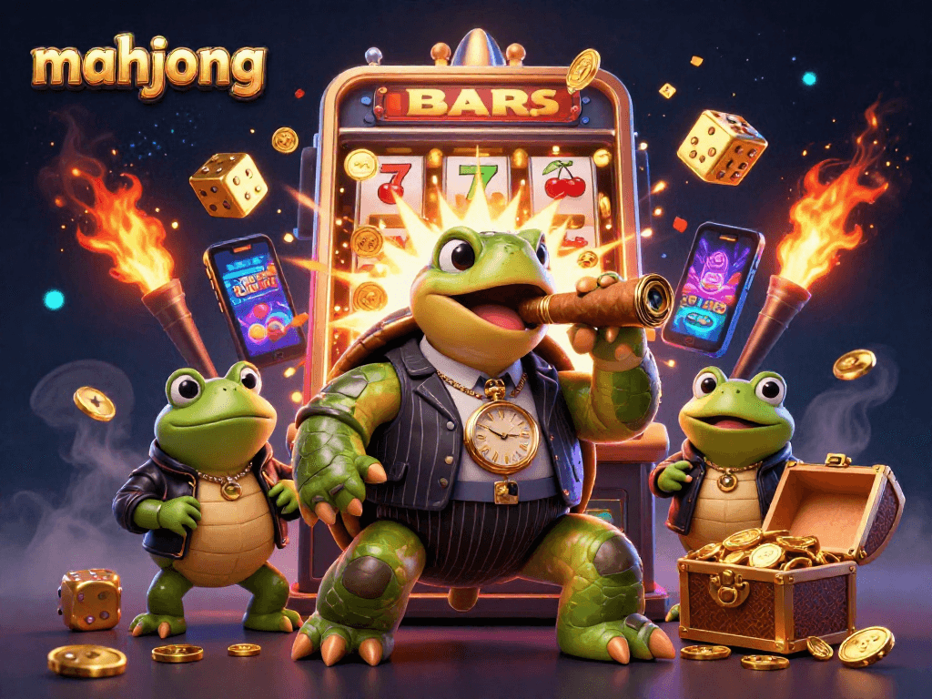 Experience the thrill of mahjong slots with a vibrant illustration of cartoon characters and exciting casino elements.