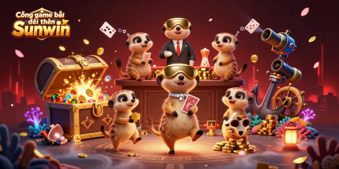 Experience the thrilling Cổng game bài đổi thưởng Sunwin in an extravagant casino run by meerkats, showcasing vibrant gaming elements.