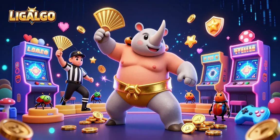 LIGALGO slot champion illustration features a beetle sumo wrestler amidst vibrant casino elements.
