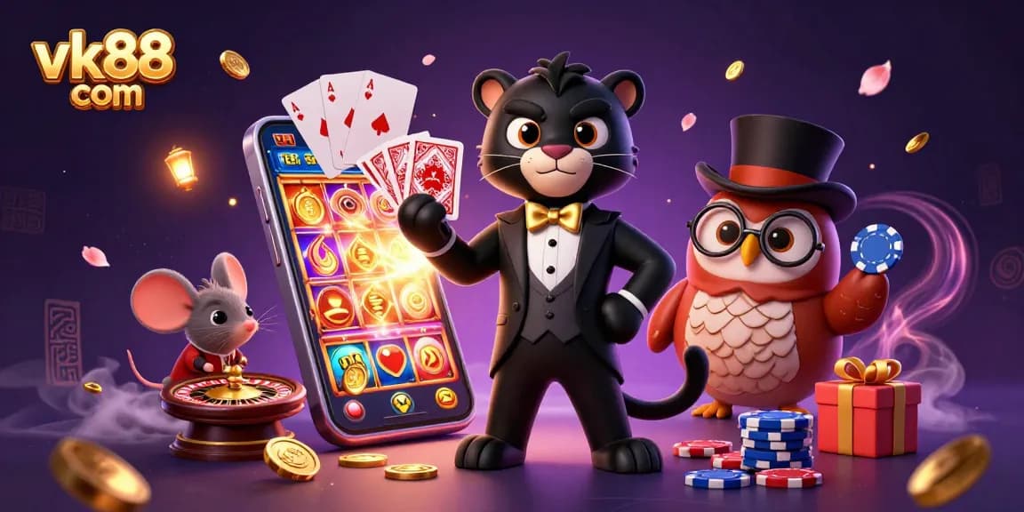 Experience thrilling gameplay at vk88 com with a cartoon black panther dealing cards amidst casino excitement.