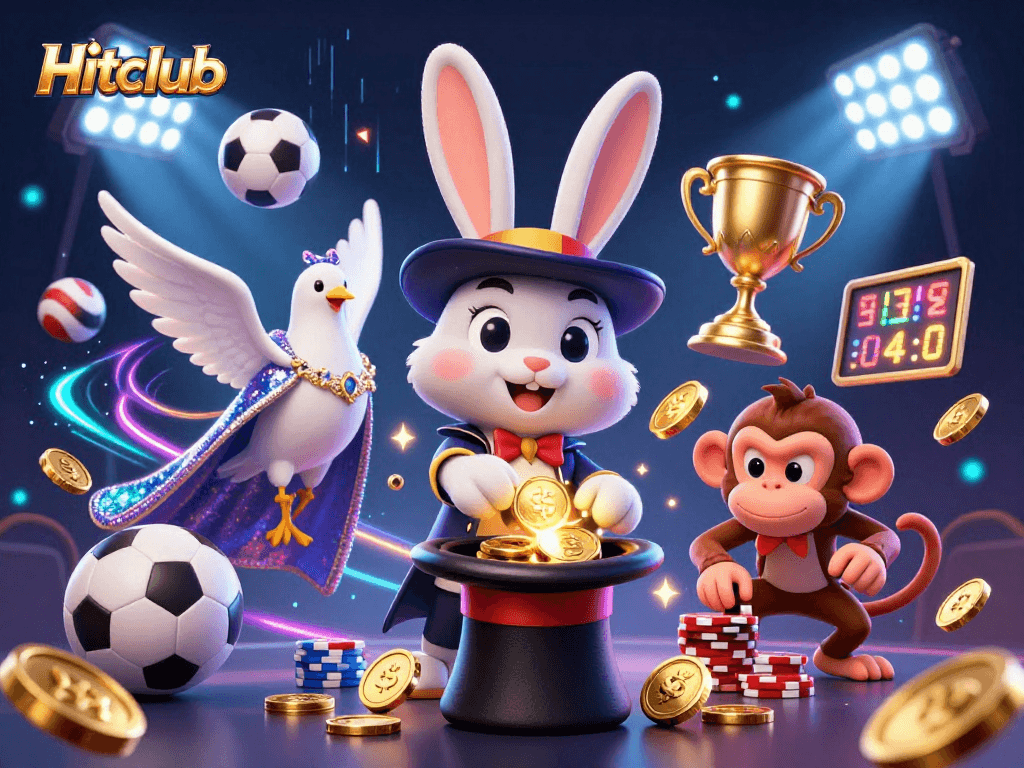 Hitclub magician rabbit, assistant dove, and monkey in thrilling gambling scene.