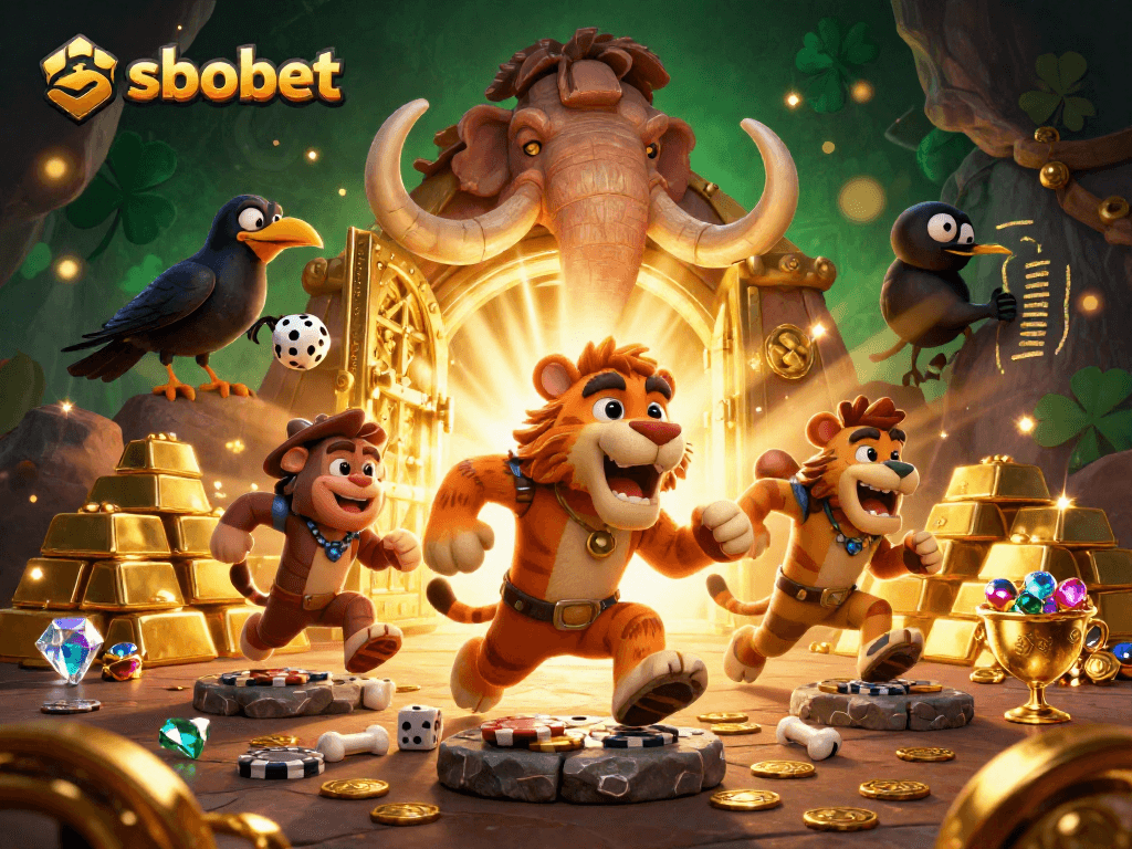Experience sbobet's thrilling gaming with an engaging caveman casino scene featuring unique characters and treasures.